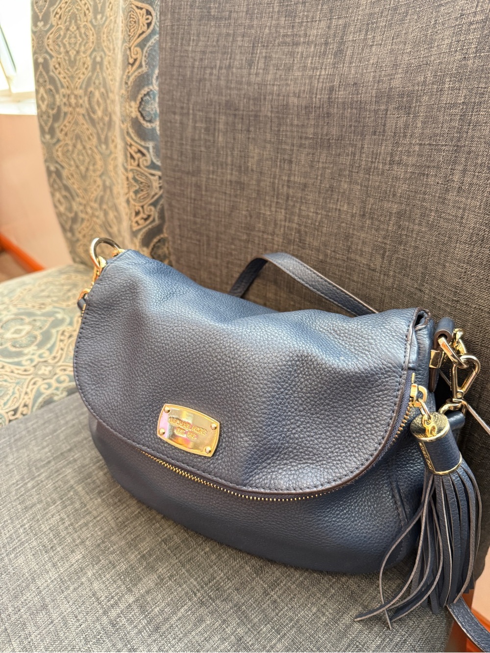 Pebbled Navy Leather Shoulder Bag with Tassel